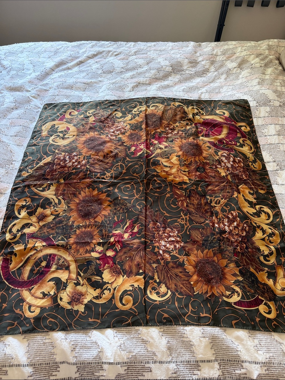 CHANEL Olive Green and Gold Baroque Floral Silk Scarf
